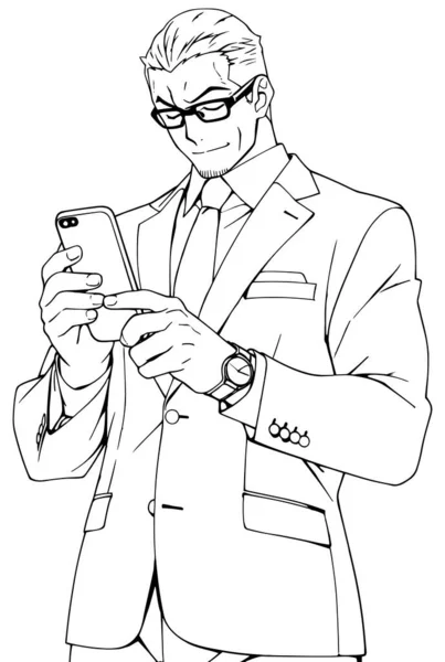 Anime Obchodník Bílém Pozadí Kontrola Jeho Smartphone Úsměv — Stockový vektor