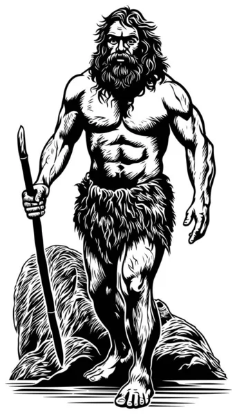 Линогравюра Стиле Пещерного Человека Идущего Держащего Деревянную Палку — стоковый вектор
