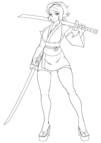 Anime Stil Illustration Vackra Kvinnliga Samuraj Vit Bakgrund — Stock vektor