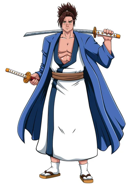 Beyaz Arka Planda Güçlü Samurayların Anime Tarzı Çizimi — Stok Vektör