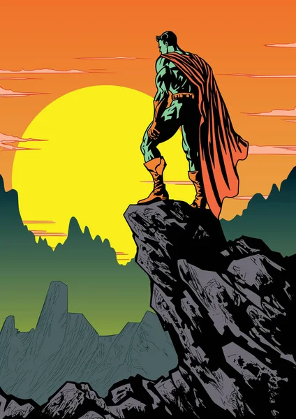 コミックスタイルのスーパーヒーローは崖の端に立って 下を見て 日没の間に思い出す — ストックベクタ