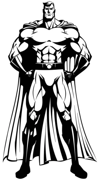 Czarno Biały Ilustracja Potężny Superbohater Stoi Wysoki — Wektor stockowy