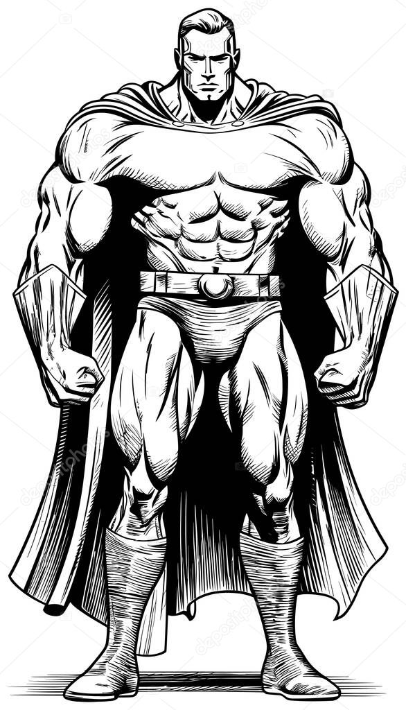 Black and white illustration of powerful superhero standing tall.