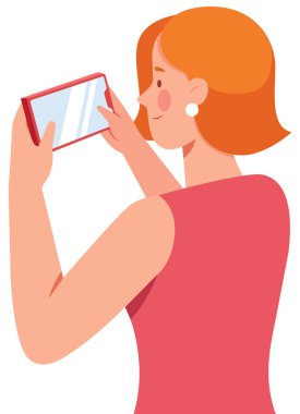 Beyaz arka planda izole edilmiş akıllı telefonuyla fotoğraf çeken şık bir kadının düz tasarım çizimi.