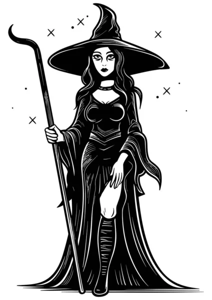 Linocut Style Illustration Black White Young Pretty Witch — Stock Vector