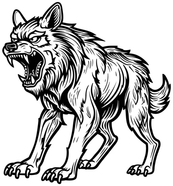 Linocut Stijl Illustratie Van Felle Zwart Wit Wolf Klaar Aan — Stockvector