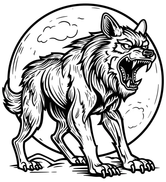 Линогравюра Черно Белого Волка Готового Атаке — стоковый вектор