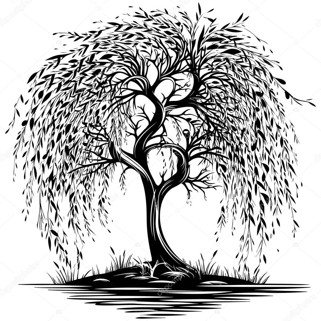 Linocut style illustration of black and white willow tree.