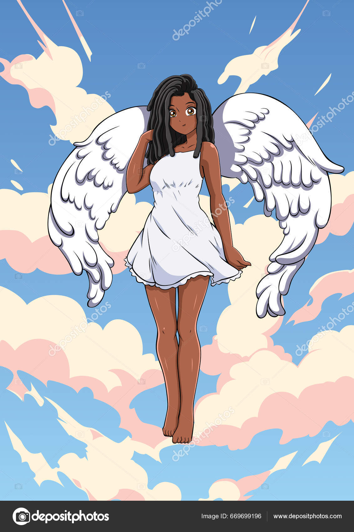 Anime Estilo Ilustração Anjo Menina Bonita Voando Céu vetor(es) de