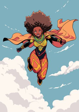 Anime style illustration of black African female superhero flying in the sky. clipart