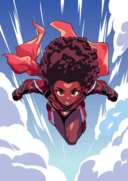 Anime Styl Ilustracja Czarny Afrykański Kobieta Superbohater Latający Niebo — Wektor stockowy