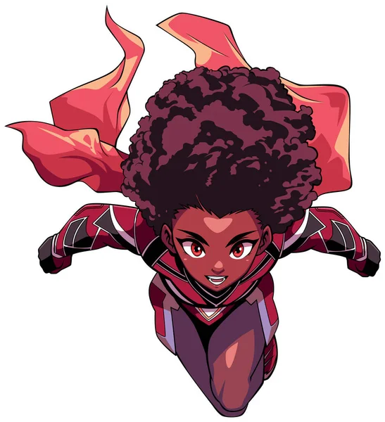 白い背景に飛ぶ黒人のアフリカの女性スーパーヒーローのアニメスタイルイラスト — ストックベクタ