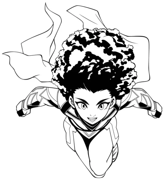 黒人のアフリカ人女性スーパーヒーロー飛行 ラインアートのアニメスタイルイラスト — ストックベクタ