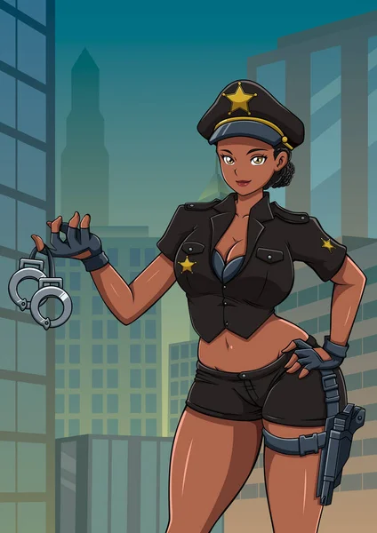Σέξι Μαύρο Anime Κορίτσι Αστυνομική Στολή Κρατώντας Χειροπέδες Ένα Δρόμο — Διανυσματικό Αρχείο
