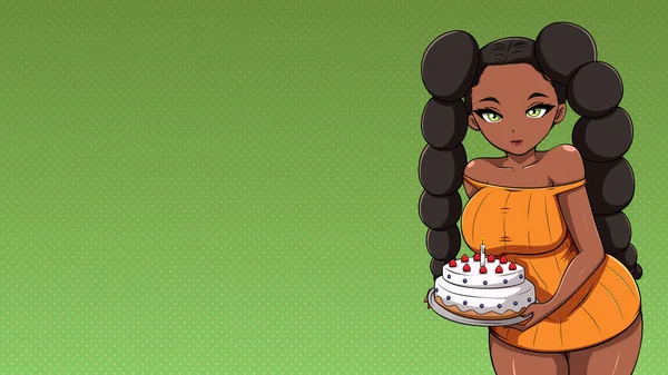 Анимационный Стиль Иллюстрация Милой Черной Девушки Приносящей Торт День Рождения — стоковый вектор