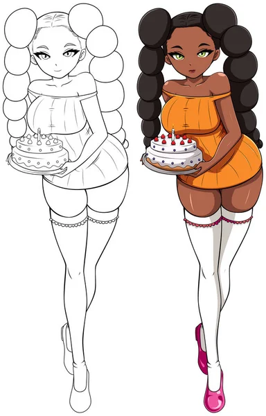 可爱的黑人女孩带着白色背景生日蛋糕的模仿画图 — 图库矢量图片