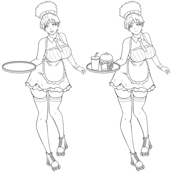 Anime Linia Sztuka Ilustracja Czarny Kelnerka Trzymając Tacę Podczas Noszenia — Wektor stockowy