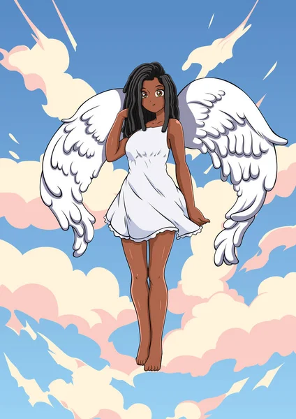 Anime Style Illustration Beautiful Girl Angel Flying Sky — Stock Vector
