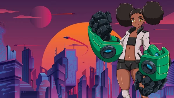 Anime Styl Ilustracja Czarny Nastolatek Dziewczyna Robotyczne Ramiona Futurystycznym Mieście — Wektor stockowy