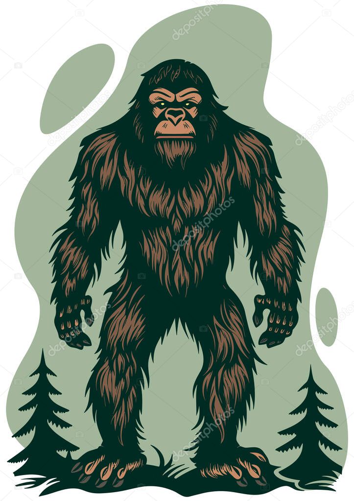 Linocut illustration of Bigfoot wandering in forest.