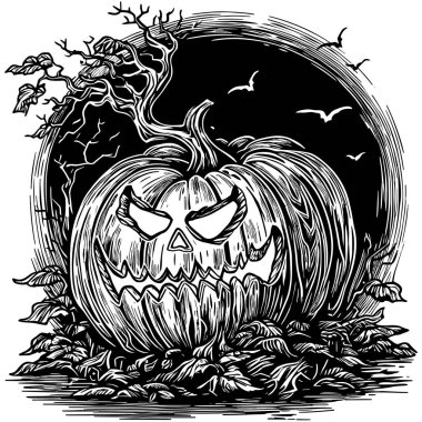 Woodcut style illustration of creepy Halloween pumpkin lantern on white background. clipart