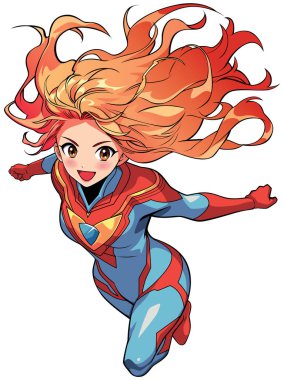 Beyaz arka planda uçan kızıl saçlı süper kahramanın anime tarzı çizimi.