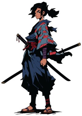 Anime tarzı samuray kızı beyaz arka planda dimdik duruyor..