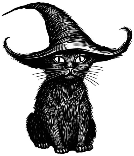 Holzschnittartige Schwarz Weiß Illustration Einer Katze Mit Hexenhut — Stockvektor