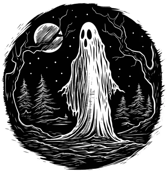 Woodcut Style Illustration Spooky Ghost Wandering Haunted Forest — Stock Vector