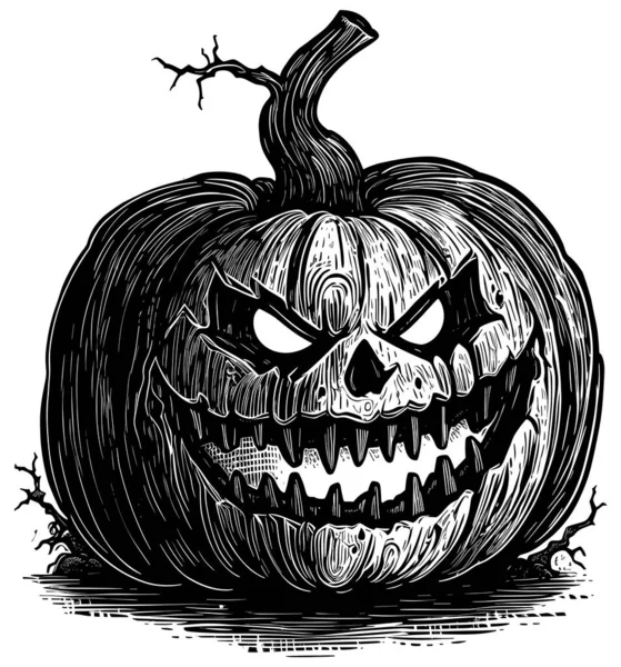 Illustration Style Woodcut Lanterne Citrouille Halloween Effrayant Sur Fond Blanc — Image vectorielle
