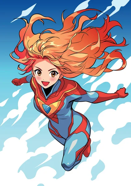 空を飛ぶ赤毛のスーパーヒーローのアニメスタイルイラスト — ストックベクタ