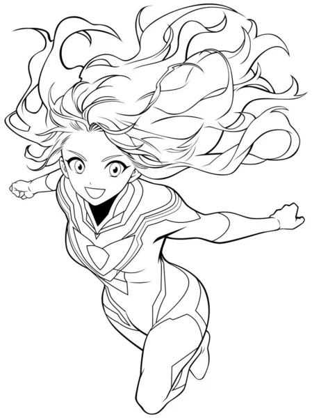 Anime Stijl Lijn Kunst Illustratie Van Superheldin Vliegen — Stockvector