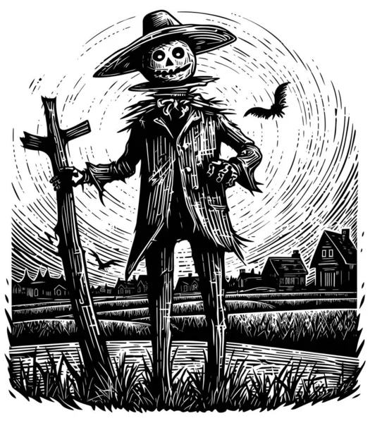 Woodcut Style Illustration Creepy Scarecrow Field — Stock Vector