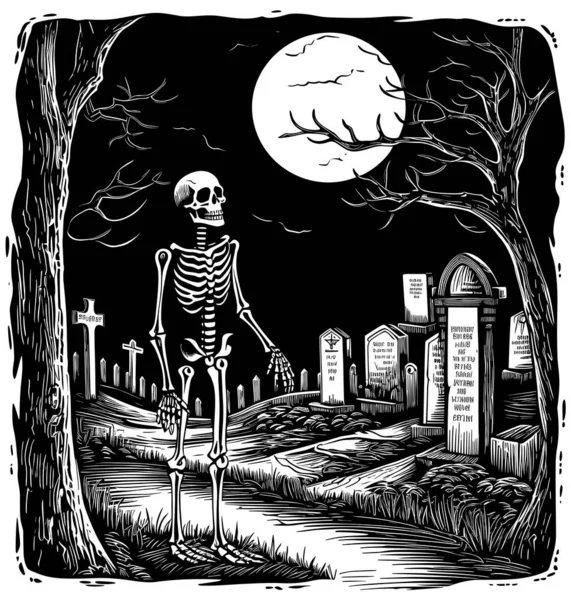 Ilustración Estilo Woodcut Esqueleto Pie Cementerio Por Noche — Vector de stock