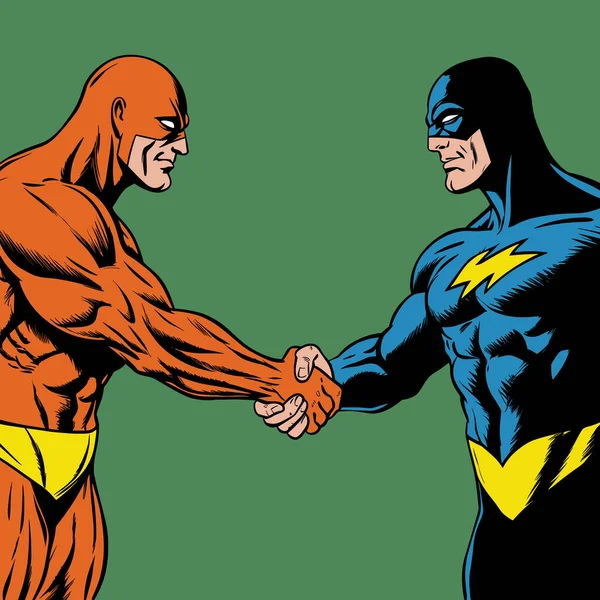Illustration Zweier Superhelden Beim Händeschütteln Comic Stil — Stockvektor