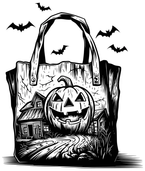 Woodcut Style Illustration Spooky Trick Treat Bag White Background — Stock Vector