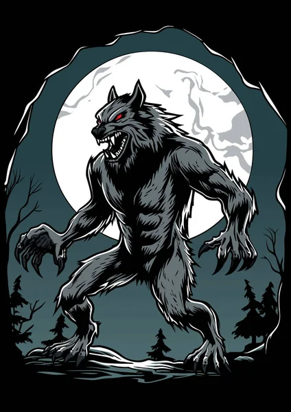 夜晚森林里凶猛的狼人的恐怖例证 — 图库矢量图片