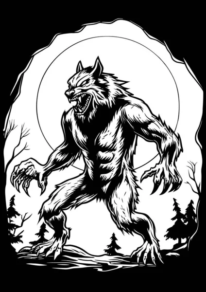 夜间森林里凶猛狼人的恐怖线条艺术图解 — 图库矢量图片