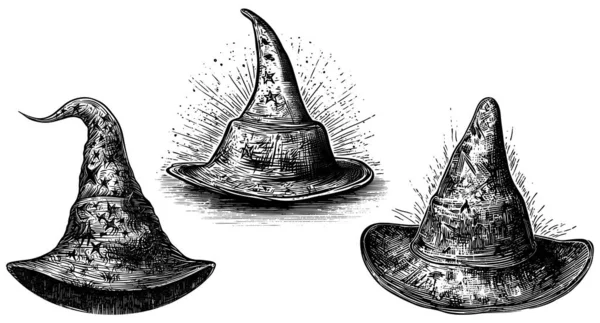 Woodcut Style Illustration Witches Hat Isolated White Background — Stock Vector