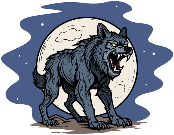 Ilustração Lobo Cinzento Feroz Noite Pronto Para Atacar — Vetor de Stock