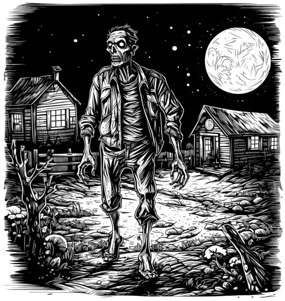 Ilustración Estilo Woodcut Zombie Espeluznante Vagando Por Noche — Vector de stock
