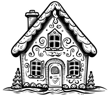 Beyaz arka planda izole edilmiş zencefilli kurabiye evinin linocut tarzı çizimi.