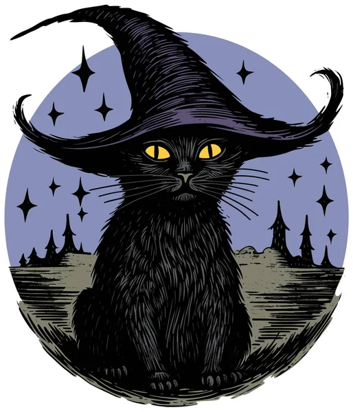 Cartoon Illustration Black Cat Wearing Magical Witches Hat — Stock Vector