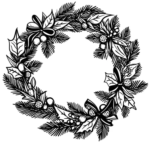 Woodcut Style Illustration Christmas Wreath White Background — Stock Vector