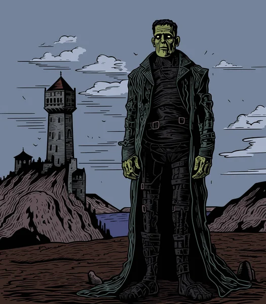 Ilustración Del Monstruo Frankenstein Pie Frente Castillo Amo — Vector de stock