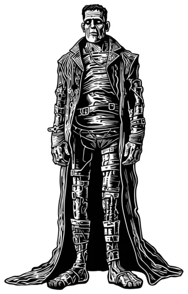 Woodcut Styl Ilustrace Frankenstein Monstrum Izolované Bílém Pozadí — Stockový vektor