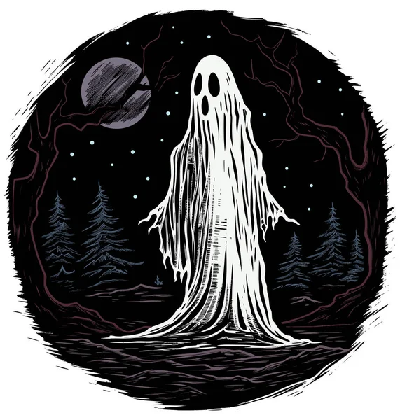Illustration Fantôme Effrayant Errant Dans Une Forêt Hantée — Image vectorielle