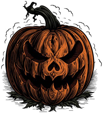 Beyaz arka planda ürkütücü Cadılar Bayramı kabak feneri tasviri.