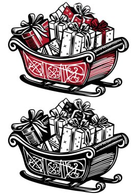Woodcut style illustration of the sleigh of Santa Claus. clipart