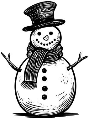 Beyaz arkaplanda izole edilmiş mutlu kardan adamın linocut biçimi çizimi.